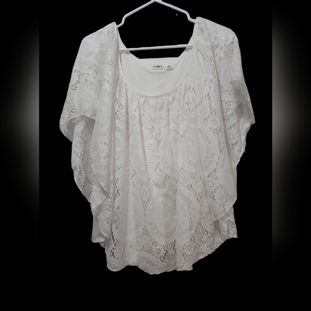 Cato Med women's white eyelet crochet top over shell. Sleeveless.